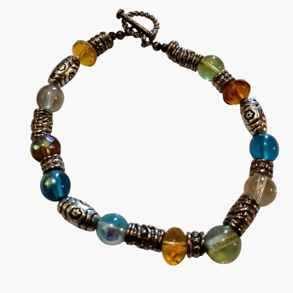 Rainbow Beaded Bracelet Multicolor Glass Beads Silver Tone Toggle Clasp 8 Inch